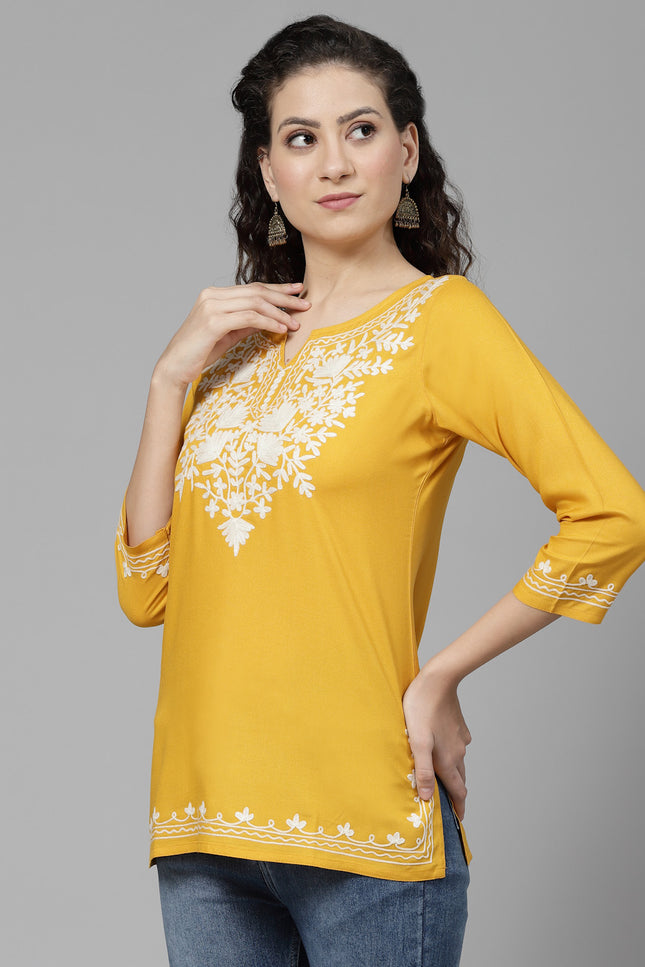 Musturd White Aari Short Kurti For Women