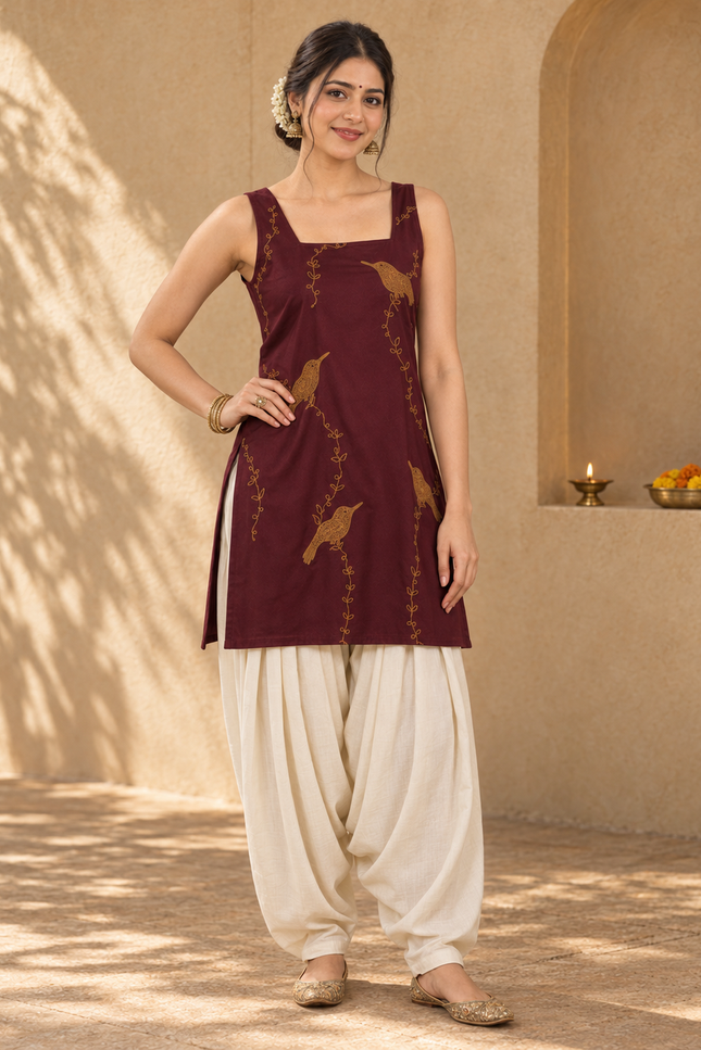 Qazmi Women Embroidered Viscose Rayon Sleeveless Kurti with Square Neck & Tie-Up Back