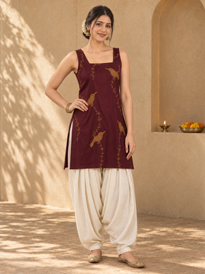 Qazmi Women Embroidered Viscose Rayon Sleeveless Kurti with Square Neck & Tie-Up Back