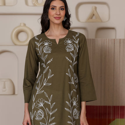Qazmi Women's Aari Embroidered Pure Cotton Short Kurta
