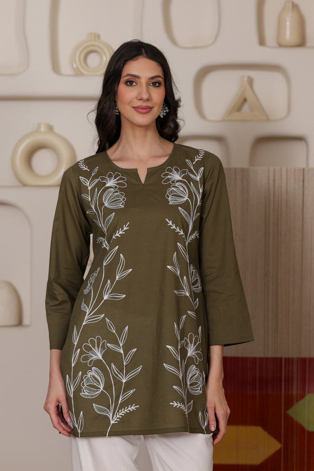 Qazmi Women's Aari Embroidered Pure Cotton Short Kurta