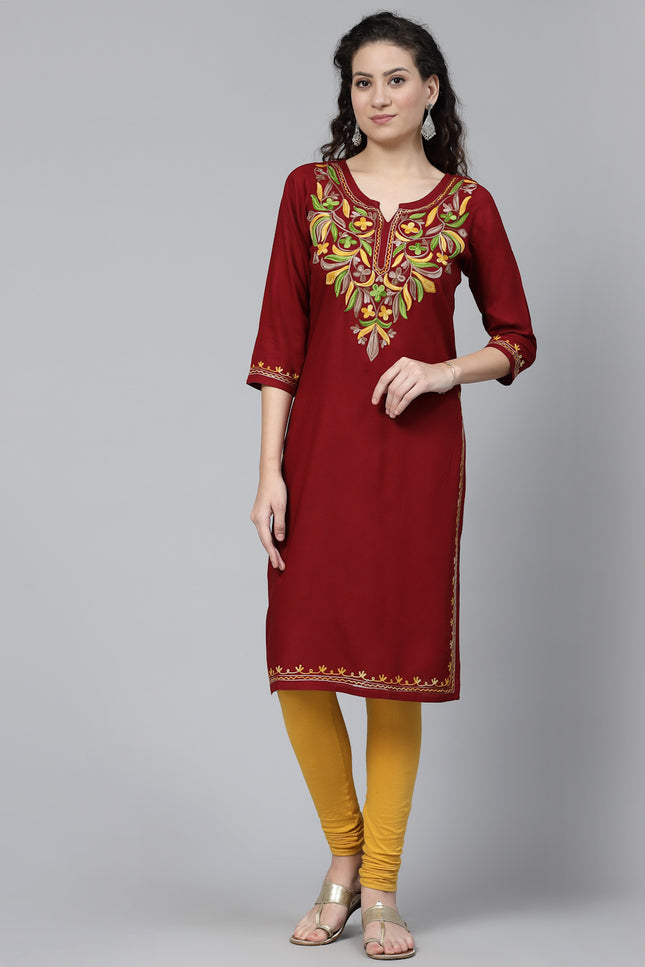 Maroon Multi Aari Long Kurti For Women