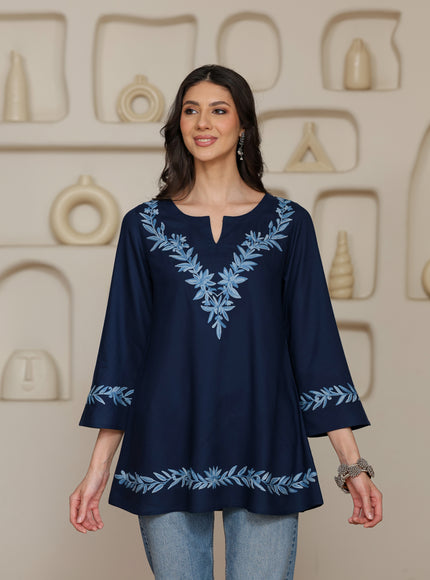 Qazmi Women Kashmiri Aari Embroidered Viscose Rayon A-Line Short Kurti with Bell Sleeves