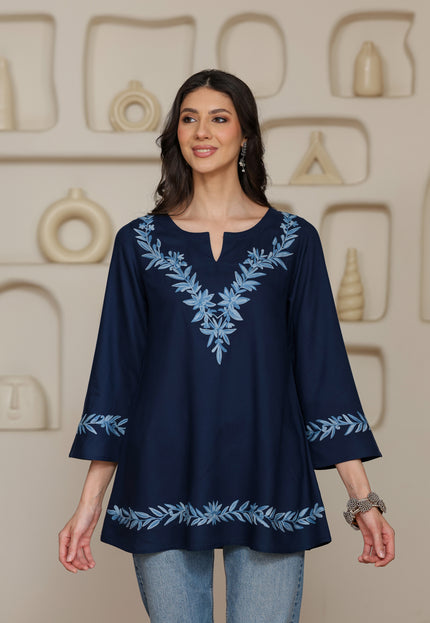 Qazmi Women Kashmiri Aari Embroidered Viscose Rayon A-Line Short Kurti with Bell Sleeves