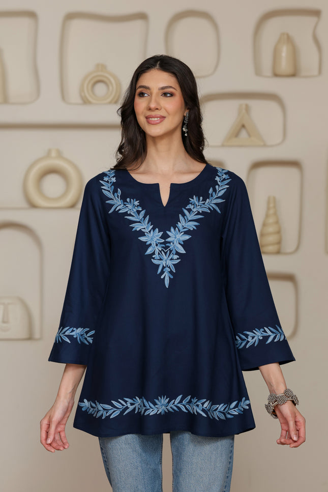 Qazmi Women Kashmiri Aari Embroidered Viscose Rayon A-Line Short Kurti with Bell Sleeves