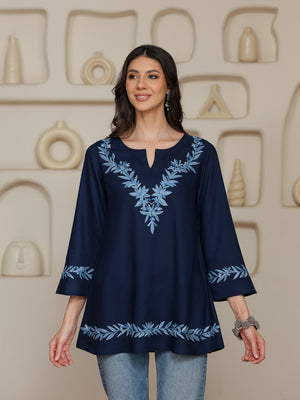 Qazmi Women Kashmiri Aari Embroidered Viscose Rayon A-Line Short Kurti with Bell Sleeves