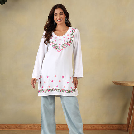 Qazmi Women's Aari Embroidered Viscose Rayon Full Sleeves Straight Kurti