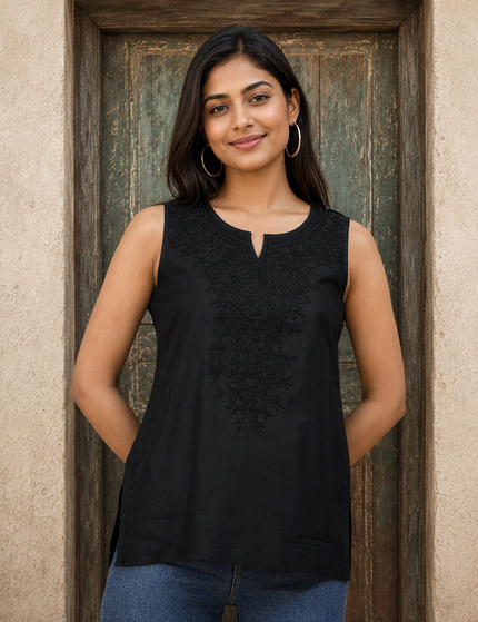 Black Self Sleeveless Aari Short Kurti For Women