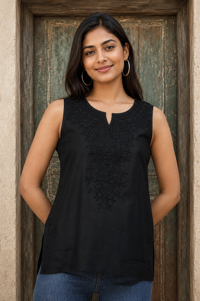 Black Self Sleeveless Aari Short Kurti For Women