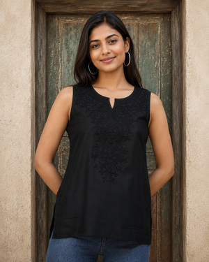 Black Self Sleeveless Aari Short Kurti For Women