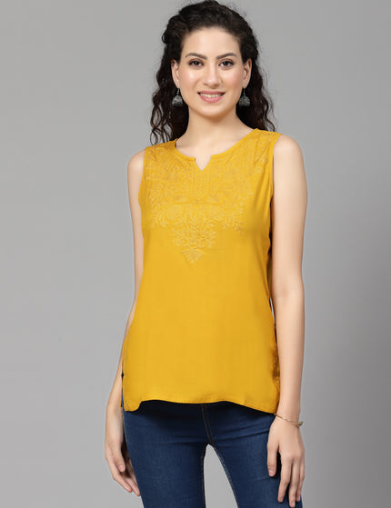 Mustard Self Sleeveless Aari Short Kurti For Women