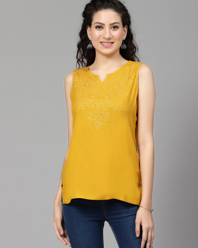 Mustard Self Sleeveless Aari Short Kurti For Women