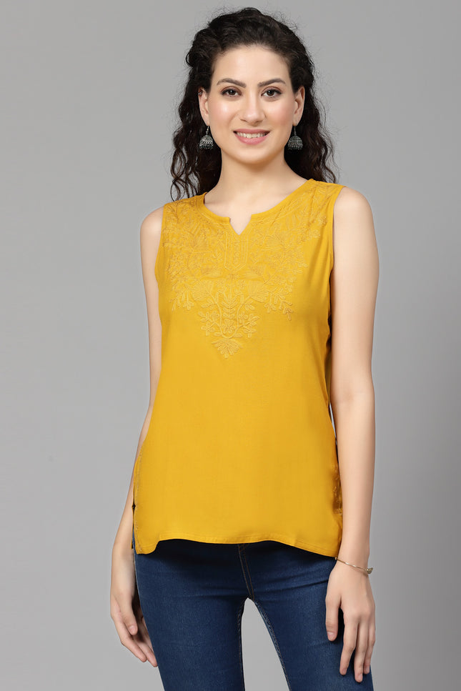 Mustard Self Sleeveless Aari Short Kurti For Women