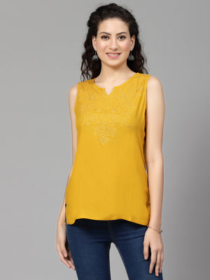 Mustard Self Sleeveless Aari Short Kurti For Women
