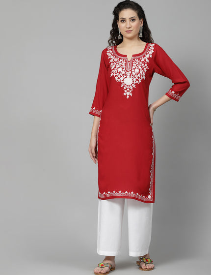 Red Offwhite Aari Long Kurti For Women