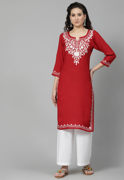 Red Offwhite Aari Long Kurti For Women