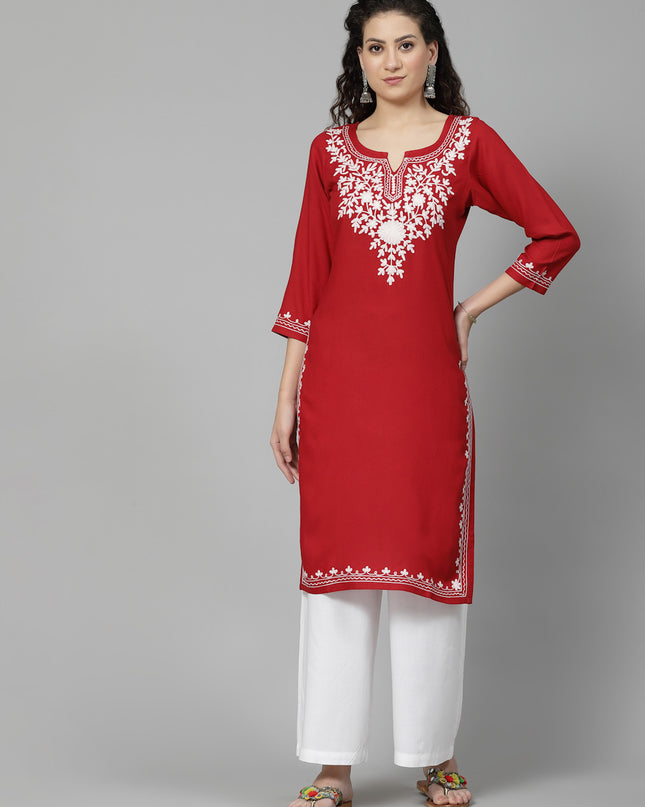 Red Offwhite Aari Long Kurti For Women