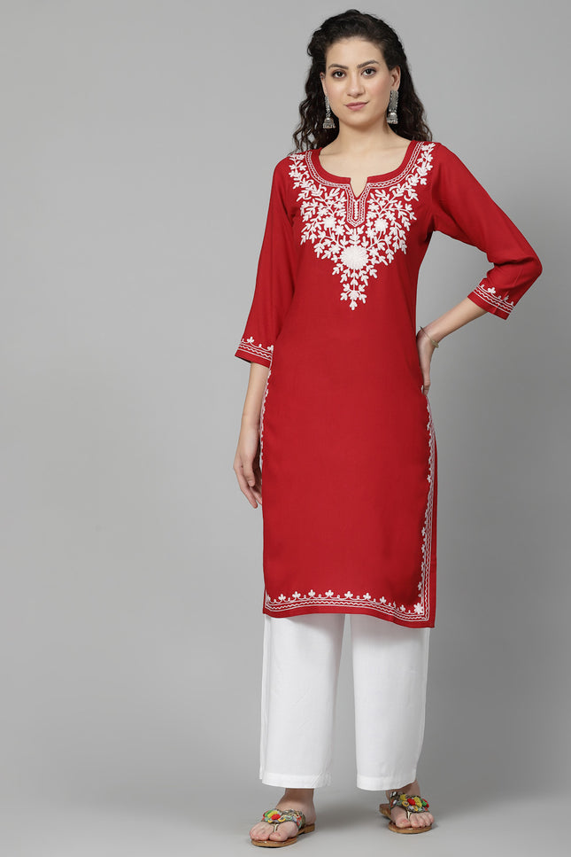 Red Offwhite Aari Long Kurti For Women