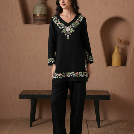 Qazmi Women's Aari Work V-Neck Black CoOrd Set