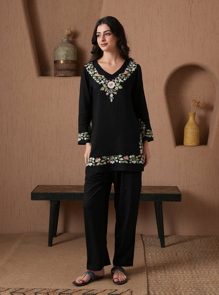 Qazmi Women's Aari Work V-Neck Black CoOrd Set