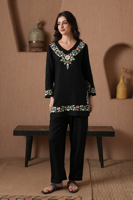 Qazmi Women's Aari Work V-Neck Black CoOrd Set