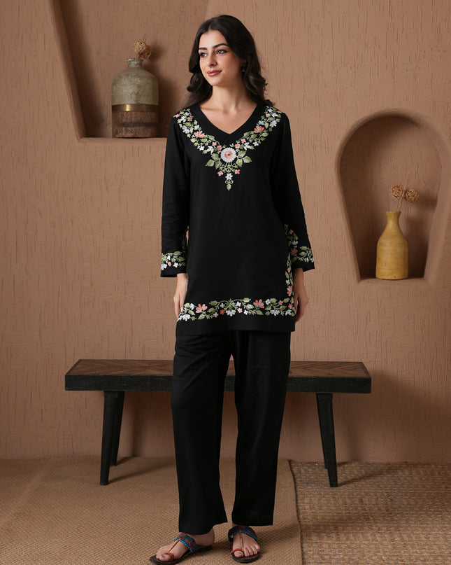 Qazmi Women's Aari Work V-Neck Black CoOrd Set