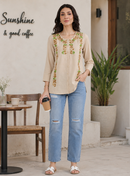 Qazmi Women Aari Embroidered Cotton Linen Buttoned Top