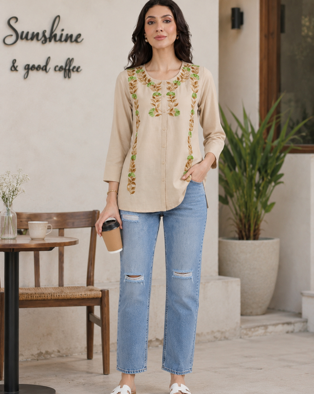 Qazmi Women Aari Embroidered Cotton Linen Buttoned Top