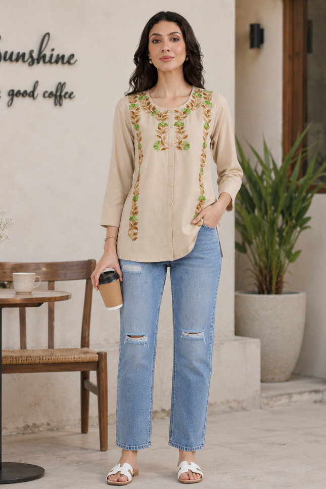 Qazmi Women Aari Embroidered Cotton Linen Buttoned Top
