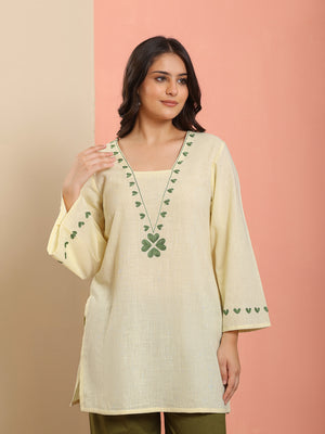 Qazmi Women Pure Cotton Square-Neck Aari  Embroidered Short Kurti
