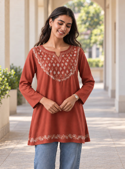 Qazmi Women's Azra Kashmiri A-Line Full Sleeves Viscose Rayon Short Kurti