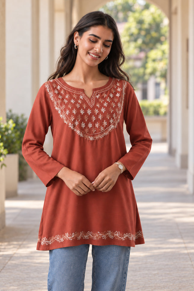 Qazmi Women's Azra Kashmiri A-Line Full Sleeves Viscose Rayon Short Kurti