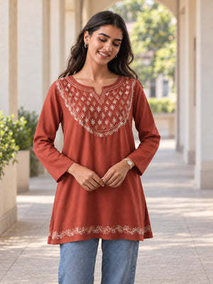 Qazmi Women's Azra Kashmiri A-Line Full Sleeves Viscose Rayon Short Kurti