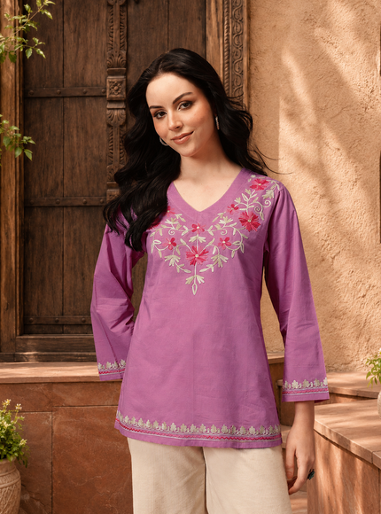 Qazmi Women's Nafisa Kashmiri Aari Work V-Neck Blue Kurti