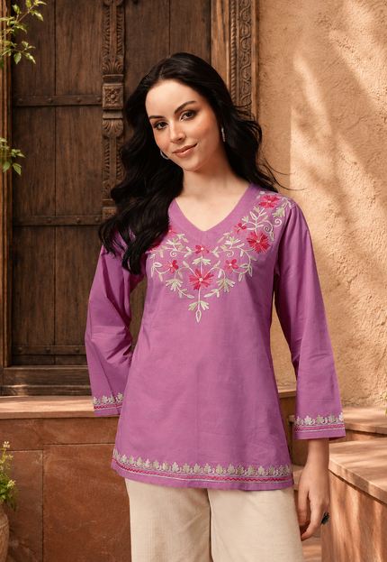 Qazmi Women's Nafisa Kashmiri Aari Work V-Neck Blue Kurti