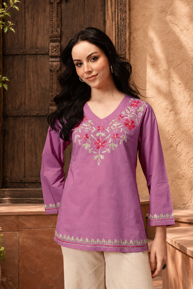 Qazmi Women's Nafisa Kashmiri Aari Work V-Neck Blue Kurti