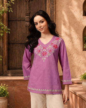 Qazmi Women's Nafisa Kashmiri Aari Work V-Neck Blue Kurti