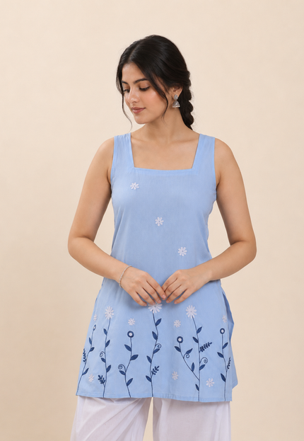 QAZMI Women Floral Embroidered Sleeveless Kurti
