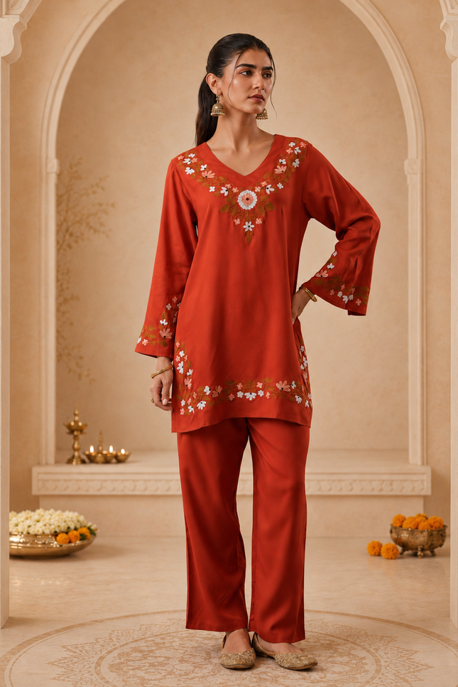 Qazmi Women's Aari Work V-Neck Black CoOrd Set
