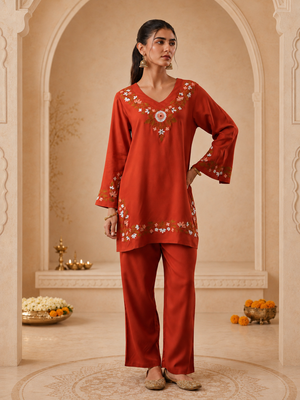 Qazmi Women's Aari Work V-Neck Black CoOrd Set