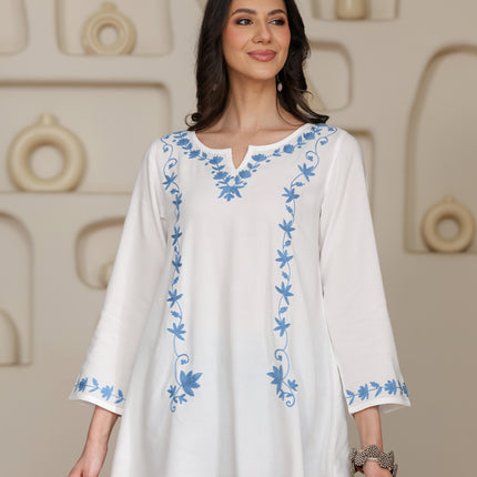 Qazmi Women Kashmiri Aari Embroidered A-Line Viscose Rayon Short Kurti with Full Sleeves