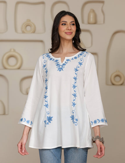 Qazmi Women Kashmiri Aari Embroidered A-Line Viscose Rayon Short Kurti with Full Sleeves