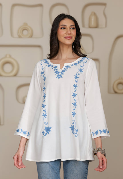 Qazmi Women Kashmiri Aari Embroidered A-Line Viscose Rayon Short Kurti with Full Sleeves