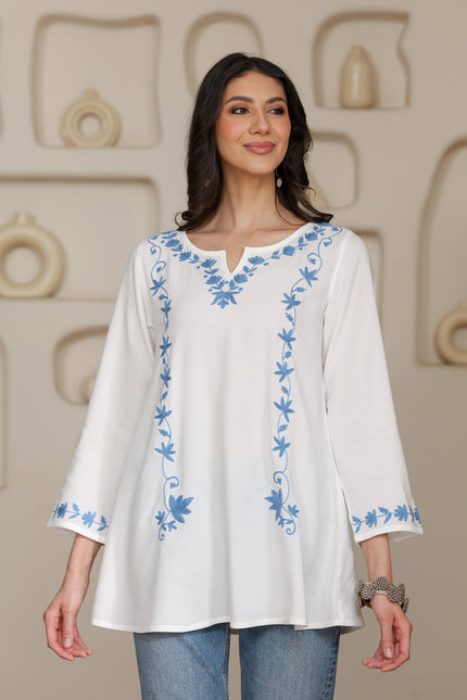 Qazmi Women Kashmiri Aari Embroidered A-Line Viscose Rayon Short Kurti with Full Sleeves