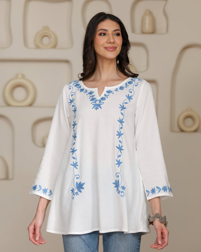Qazmi Women Kashmiri Aari Embroidered A-Line Viscose Rayon Short Kurti with Full Sleeves