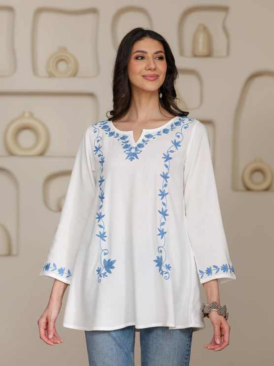 Qazmi Women Kashmiri Aari Embroidered A-Line Viscose Rayon Short Kurti with Full Sleeves