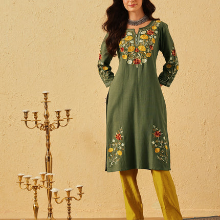 Qazmi Women's Zaynab Kashmiri Aari Work Cotton Linen Olive Green Kurta