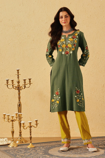 Qazmi Women's Zaynab Kashmiri Aari Work Cotton Linen Olive Green Kurta