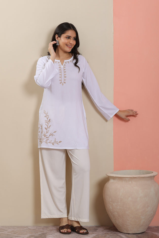 Qazmi Women's Aari Embroidered Pure Cotton Short Kurta