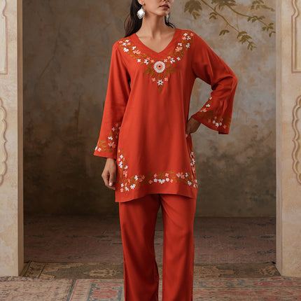 Qazmi Women's Aari Work V-Neck Black CoOrd Set